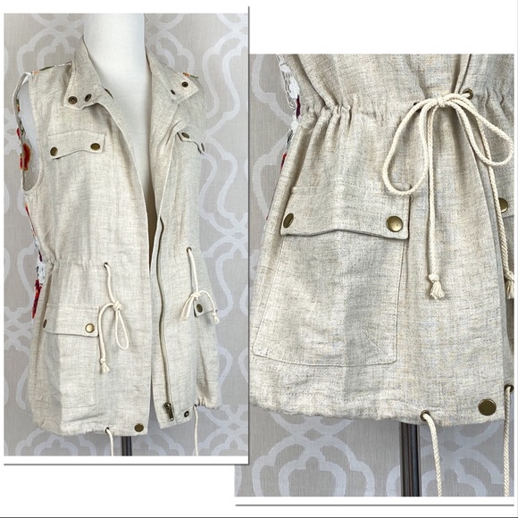 Floral Lace & Linen Military Style Vest - Picture 7 of 8